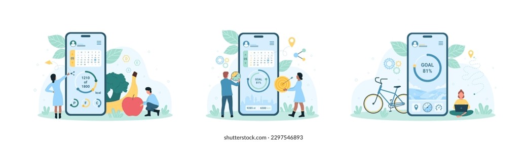 Mobile apps for time management set vector illustration. Cartoon tiny people planning daily routine in digital schedule of sports exercises and healthy food, business project planner on phone screen