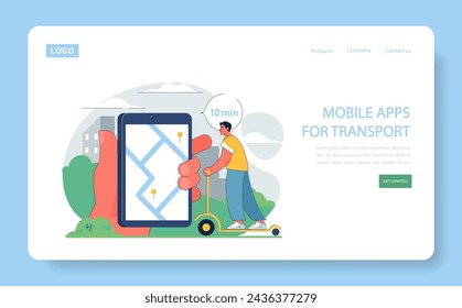 Mobile Apps for Transport concept. User with scooter checking route on navigation app. Digital solutions for urban mobility.