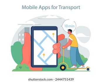 Mobile App für das Verkehrskonzept. Benutzer mit Roller, der die Route auf Navigations-App überprüft. Digitale Lösungen für urbane Mobilität.