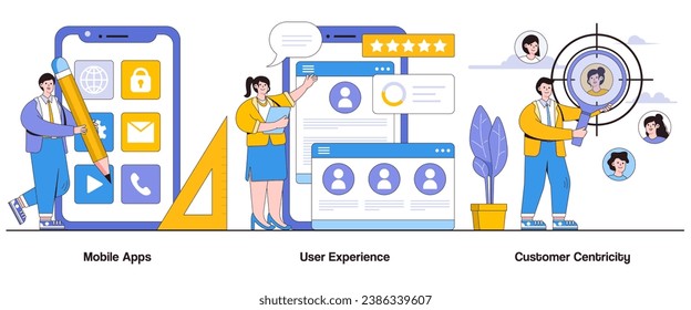 Mobile apps, user experience, customer centricity concept with character. Business interaction abstract vector illustration set. Seamless navigation, user interface, personalized solutions metaphor.