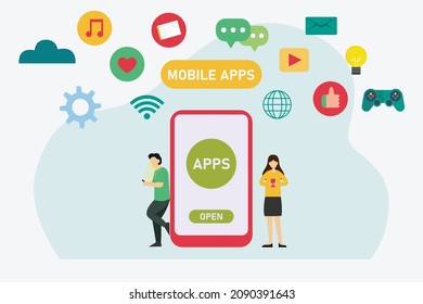 Mobile apps vector concept. Two young people using a cellphone apps while standing with social media icons background