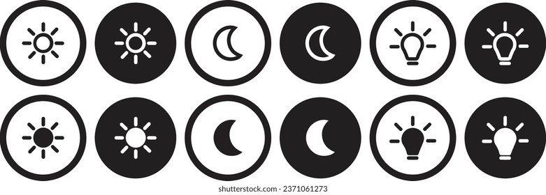 Mobile apps or website screen brightness icon set. Day and night mode. sun, moon, and lamp or bulb sign in filled and outlined icon set vector art