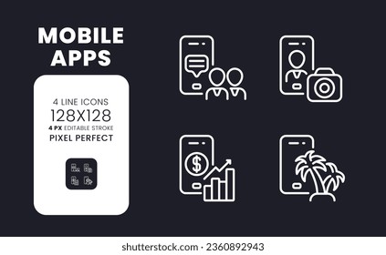 Mobile apps white linear desktop icons on black. Software monetization. Digital marketing. Pixel perfect 128x128, outline 4px. Isolated interface symbols pack for dark mode. Editable stroke