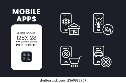 Mobile apps white linear desktop icons on black. Digital assistants. Software development. Pixel perfect 128x128, outline 4px. Isolated interface symbols pack for dark mode. Editable stroke
