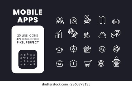Mobile apps white linear desktop icons on black. Digital business. Social media. Online services. E commerce. Pixel perfect, outline 4px. Isolated interface symbols pack for dark mode. Editable stroke