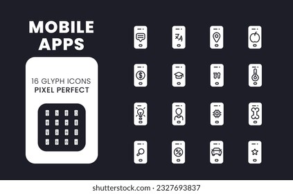 Mobile apps white solid desktop icons set. Smartphone software. Market analytics. Online tools. Pixel perfect, outline 4px. Symbols for dark theme. Glyph pictograms. Vector isolated images