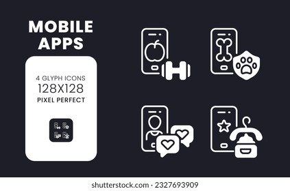 Mobile apps white solid desktop icons set. Customer engagement. Influencer marketing. Pixel perfect 128x128, outline 4px. Symbols for dark theme. Glyph pictograms. Vector isolated images