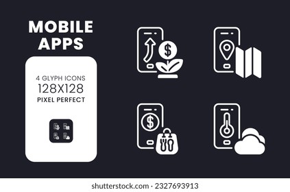Mobile apps white solid desktop icons set. Market research. Information technology. Digital tools. Pixel perfect 128x128, outline 4px. Symbols for dark theme. Glyph pictograms. Vector isolated images
