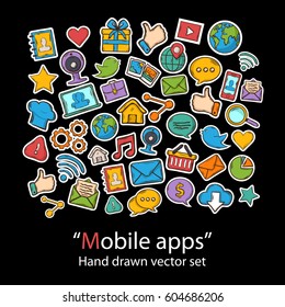Mobile Apps.Scrapbook.Fashion patch badges collection.Vector Technology Apps  hand draw set on a  background.Pins,stickers, patches in doddle style.Trend.Vector illustration isolated.Vector clip art.