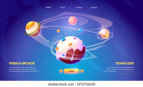 Mobile arcade food planets adventure game, cartoon landing page with egg, burger, salmon fish and ice cream spheres in space, start or download buttons. Cosmic funny galaxy world, Vector web banner