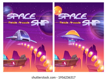 Sala de juegos móvil con nave espacial, lanzadera interestelar recolecta monedas de oro en un planeta alienígena con rocas y activos voladores, diseño ui de juegos de fantasía, paisaje extraterrestre, ilustración vectorial de dibujos animados