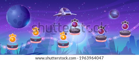 Mobile arcade with spaceship, interstellar shuttle hover above alien planet with rocks and assets on flying rocky platforms, fantasy game design, extraterrestrial landscape Cartoon vector illustration