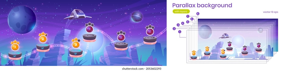 Mobile arcade with spaceship parallax background, interstellar shuttle hover above alien planet with assets on flying platforms, fantasy game 2d ui design, extraterrestrial cartoon vector landscape