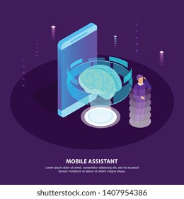 Mobile assistant isometric poster with glow brain as symbol artificial intelligence and man getting necessary information with mobile app in his smartphone vector illustration