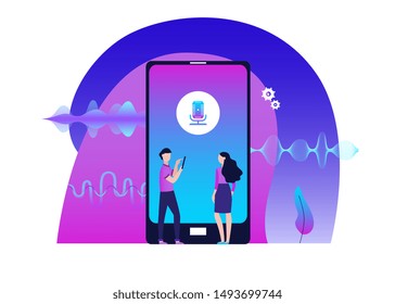 Mobile audio editor banner concept with people cartoon characters creating sound track on smartphone and music amplitude waves flat vector illustration in neon colors.