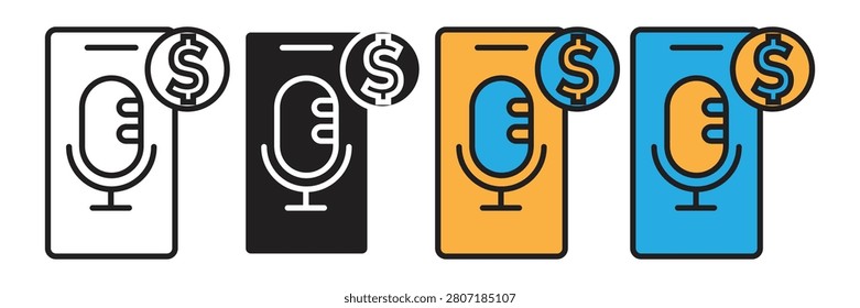 Mobile Audio Microphone Finance Dollar Icon Set. Smartphone podcast icons showing a voice microphone combined with a dollar currency coin symbol for monetizing media.