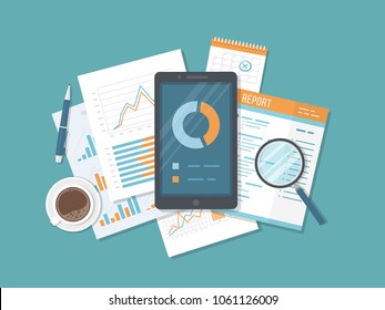 Mobile auditing, data analysis, statistics, research. Phone with information on the screen, documents, report, calendar, magnifier, coffee, pen. Growing Charts and Charts. Top view Vector illustration