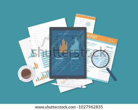 Mobile auditing, data analysis, statistics, research. Tablet with information on the screen, documents, report, calendar, magnifier, coffee. Growing Charts and Charts. Top view. Vector illustration.