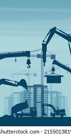 Mobile background of heavy machinery such as truck, wheel excavator, working on the construction of buildings in a city