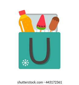 mobile bag refrigerator with ice-cream and juice flat vector illustration isolate on a white background svg