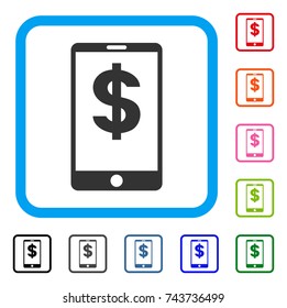Mobile Balance icon. Flat grey pictogram symbol inside a blue rounded square. Black, gray, green, blue, red, orange color versions of Mobile Balance vector. Designed for web and software interfaces.