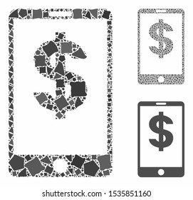 Mobile balance mosaic of rugged pieces in different sizes and color tones, based on mobile balance icon. Vector rugged parts are organized into mosaic.