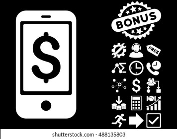 Mobile Balance pictograph with bonus elements. Vector illustration style is flat iconic symbols, white color, black background.
