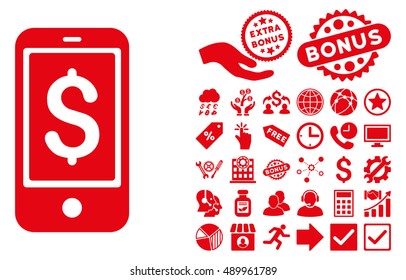 Mobile Balance pictograph with bonus pictures. Vector illustration style is flat iconic symbols, red color, white background.