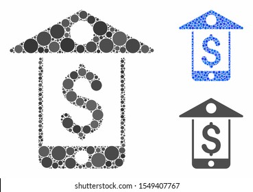 Mobile bank composition of filled circles in various sizes and color tones, based on mobile bank icon. Vector random circles are composed into blue composition.