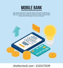 Mobile bank concept banner. Isometric illustration of mobile bank vector concept banner for web design