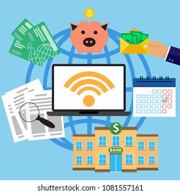 Mobile bank concept. Payments, deposit and savings. Flat illustration