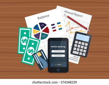 Mobile bank concept. Personal account and statements. Balance and payments. Flat vector illustration