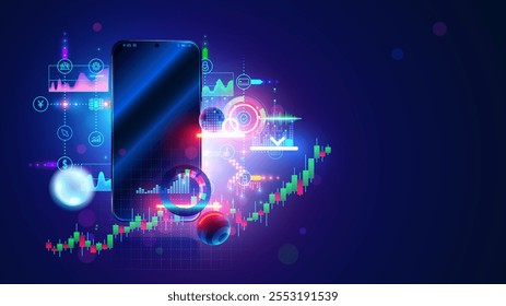 Ilustración conceptual de banco móvil. Banca en línea por Internet por teléfono. Banco en línea en la pantalla del teléfono maqueta. Gráficos financieros bancarios, iconos de servicio alrededor del teléfono. Tecnología financiera móvil. Concepto de App bancario.