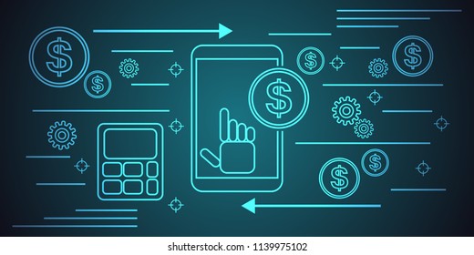 Mobile bank, e-banking thin line art style vector concept illustration