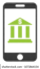 Mobile Bank halftone vector icon. Illustration style is dotted iconic Mobile Bank icon symbol on a white background. Halftone texture is circle elements.