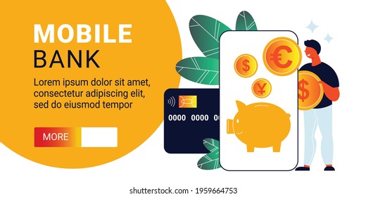 Mobile bank horizontal banner with editable text button and images of smartphone credit card and coins vector illustration