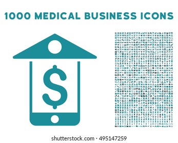 Mobile Bank icon with 1000 medical commercial soft blue vector pictograms. Set style is flat bicolor symbols, white background.