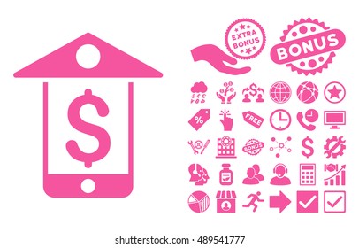 Mobile Bank icon with bonus elements. Vector illustration style is flat iconic symbols, pink color, white background.