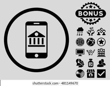 Mobile Bank icon with bonus. Vector illustration style is flat iconic symbols, black color, light gray background.