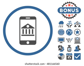 Mobile Bank icon with bonus. Vector illustration style is flat iconic bicolor symbols, cobalt and gray colors, white background.