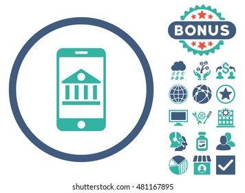 Mobile Bank icon with bonus. Vector illustration style is flat iconic bicolor symbols, cobalt and cyan colors, white background.