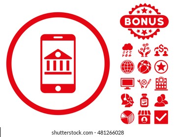 Mobile Bank icon with bonus. Vector illustration style is flat iconic symbols, red color, white background.