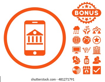 Mobile Bank icon with bonus. Vector illustration style is flat iconic symbols, orange color, white background.