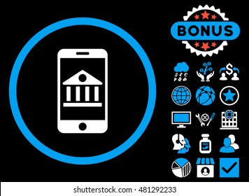 Mobile Bank icon with bonus. Vector illustration style is flat iconic bicolor symbols, blue and white colors, black background.