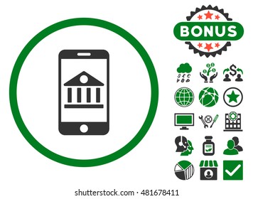 Mobile Bank icon with bonus. Vector illustration style is flat iconic bicolor symbols, green and gray colors, white background.