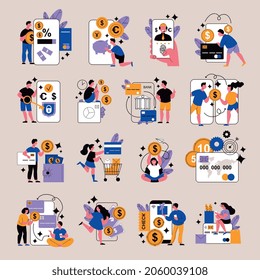 Mobile bank icon set with human characters near smartphone icons cash coins and credit card icons vector illustration