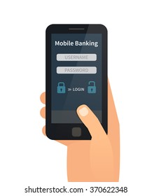 Mobile bank interface. Hand holding mobile. Flat vector