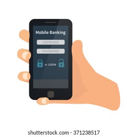 Mobile bank interface. Hand holding mobile. Flat vector
