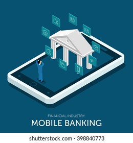 Mobile bank. Isometric style. Icons, flat, set the bank system, a businessman. Vector illustration