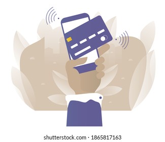 Banco móvil. Hombre usando el teléfono para el pago. Estructura de procesos. Ilustración vectorial con idea de comunicación web para teletrabajo, trabajo a distancia, medios sociales, negocios, finanzas y puesta en marcha